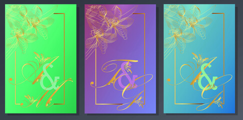 Elegant invitation pattern set. Golden frame with orchids, curved guilloche line design on aquamarine background. Ornate initial letters. Modern vector template, pastel colors.