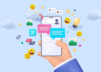 3D cartoon realistic illustration Social Media Network concept. Media online platform for social communication, chat, message, with emoji, likes, hearts, on 3D Mobile Phone. Vector Social Media 