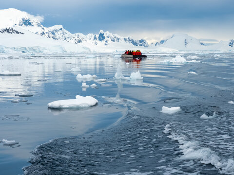Crusing on zodiacs (dinghy) among icebbergs in the studding Wilhelmina Bay, Antarctic Peninsula, Antarctica