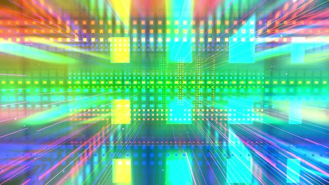 Motion graphic, camera fly throungh abstract art space, multilayer structure with pattern and particles. Glow rectangles, streaks and lines. Rainbow gradient color. Motion design vj loop. 3d structure