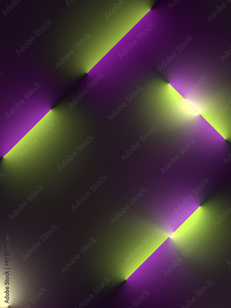 Aufkleber yellow and violet fluorescent lamps on a dark background. abstract 3d rendering digital illustration