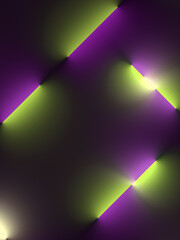 Fototapeta premium Yellow and violet fluorescent lamps on a dark background. Abstract 3d rendering digital illustration pattern