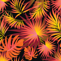 Palm. Seamless pattern with branches and leaves of tropical plants, trees. Vector image. 