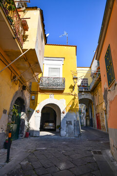 A narrow street among the old stone houses of Sarno, town in Naples province, Italy.