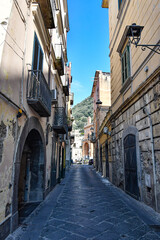 A narrow street among the old stone houses of Sarno, town in Naples province, Italy.