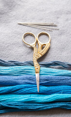 detalle de madejas de hilo extendido para bordar en degradado de azul con agujas y tijera de garza