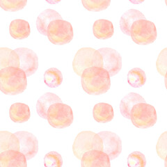 Seamless pattern of pink circles, watercolor stains, soap bubbles on a white background, wallpaper wrapping paper