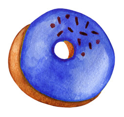 A rosy puffy donut with sweet blue sugar icing and sprinkles. Watercolor boho food illustration isolated on white. Design for greeting card, fabric, textile, wallpaper, menu, packaging, print