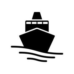 Ship icon. Large sea vessel. Cruise, vacation, trip, voyage. Black silhouette. Front view. Vector simple flat graphic illustration. Isolated object on a white background. Isolate.