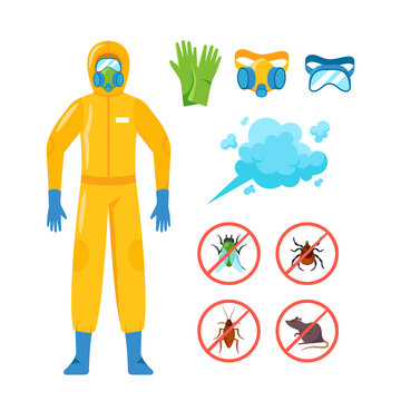Set of Pest Control Icons, Isolated Cartoon Vector Insectologist wear Gas Mask, Gloves and Hazmat Suit. Cockroach, Rat