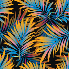 Palm. Seamless pattern with branches and leaves of tropical plants, trees. Vector image. 