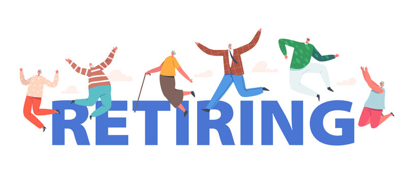 Retiring Concept. Happy Senior People Group Jumping with Raised Hands. Elderly Men and Women Joy and Happiness