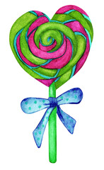 Caramel lollipop in the shape of a heart on a stick with a bow, striped candy. Watercolor food illustration isolated on white. Design for fabric, wallpaper, menu, packaging, print, baby room.