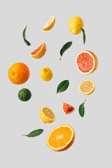 Creative layout made of various fresh fruits, slices and leaves. Minimal flying Summer concept on...