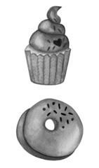 Clipart - ice cream cupcake donut. Monochrome watercolor food illustration isolated on white. Design for greeting card, fabric, textile, wallpaper, menu, packaging, print, wrapping, baby room.