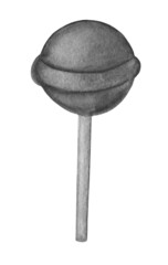 Caramel lollipop candy on a stick. Monochrome watercolor food illustration isolated on white. Design for fabric, wallpaper, menu, packaging, print, baby room.
