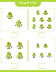 Counting game, how many Robot Character. Educational children game, printable worksheet, vector illustration