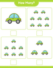 Counting game, how many Car. Educational children game, printable worksheet, vector illustration