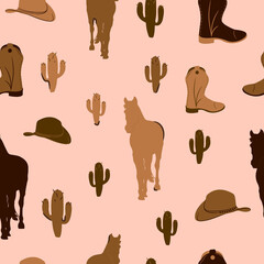 Vector seamless pattern of wild west and cowboy elements. Horse and hat, shoes and cactus.