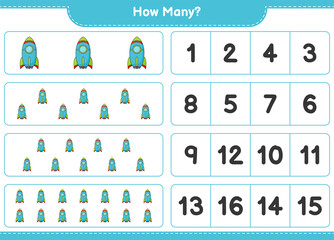 Counting game, how many Rocket. Educational children game, printable worksheet, vector illustration