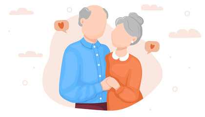 Old lovers. An elderly couple. Love and dating at any age. An adult man hugs an adult woman. Family relationships. The concept of love through time. Illustration for banner, postcard, site, cover.