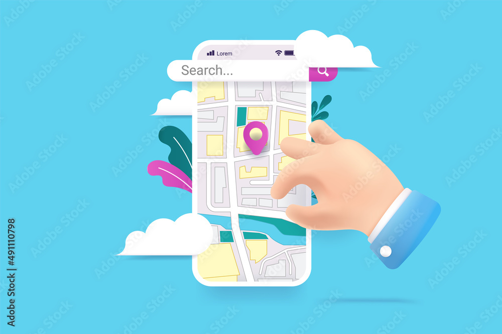 Aufkleber phone map with hand and search bar - app on smartphone screen showing city map and person interactin