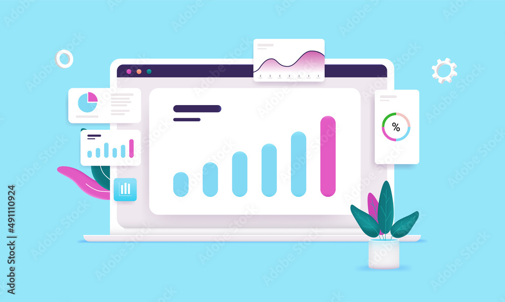 Fototapete Rising chart on computer screen - Dashboard on laptop with graphs and charts showing abstract data and results. Vector illustration