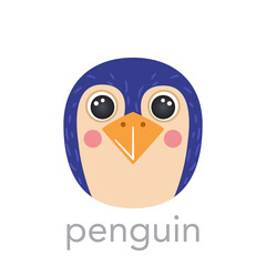 Penguin Cute portrait with name text smile head cartoon round shape animal face, isolated vector icon illustrations on white background. Flat simple for kids poster, cards, t-shirts, baby clothes