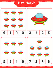 Counting game, how many Ufo. Educational children game, printable worksheet, vector illustration