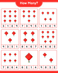 Counting game, how many Kite. Educational children game, printable worksheet, vector illustration
