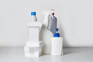 Cleaning service concept. Cleaning chemical bottles. cleaning supplies. House cleaning concept