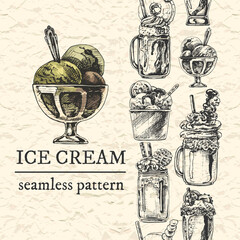 262_creamy dessert in a jar and glass_FreakShake_texture paper_cocktail, ice cream, graphics on old paper, seamless pattern