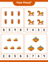 Counting game, how many Teddy Bear, Rocking Horse, Boat, and Whirligig Toy. Educational children game, printable worksheet, vector illustration
