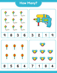 Obraz premium Counting game, how many Kite, Water Gun, Baby Rattle, and Pacifier. Educational children game, printable worksheet, vector illustration
