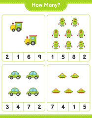 Counting game, how many Train, Robot Character, Car, and Ufo. Educational children game, printable worksheet, vector illustration