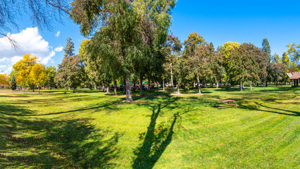 Panoramic view of the Coeur d'Alene, Idaho city park at Independence Point in the downtown district of the resort mountain city.