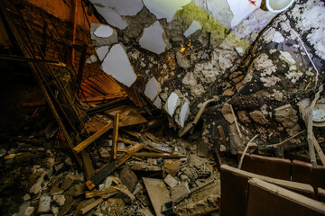 Ruined building. Consequences of disaster, war or demolition