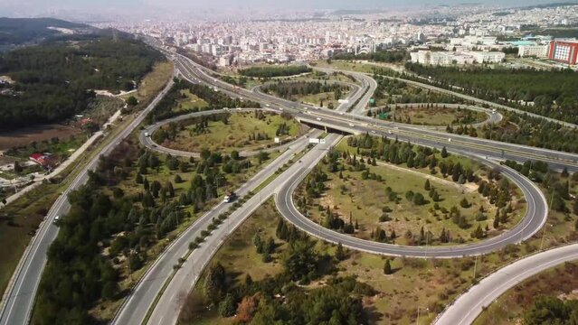 Aerial view of highway and overpass in city. High quality 4k footage