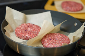 hamburger meat grilling for burgers. Homemade cutlets in frying pan. close up
