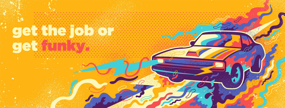 Fototapeta Abstract graffiti design with muscle car and various colorful splashing shapes. Vector illustration.