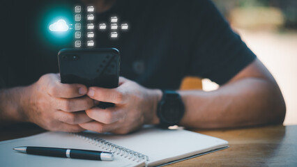 Communications business technology, search, storage with your phone. Person using smartphone with icons, data crown, folders, folders, documents