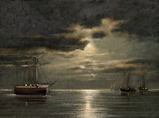 Moon night, boat on the sea. Oil paintings landscape, fine art, artwork