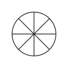 Circle divided in 8 segments. Pie or pizza round shape cut in eight equal slices in outline style. Simple business chart template. Vector linear illustration.