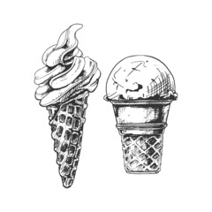 258_ice cream, waffle cup, cone_ice cream in a waffle cup, cone, set, sketch, vintage, graphics, white, black, 