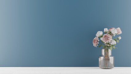 bouquet of roses and dahlia in vase on blue background