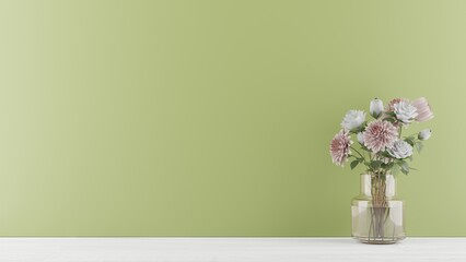 Fototapeta premium bouquet of roses and dahlia in vase on green background