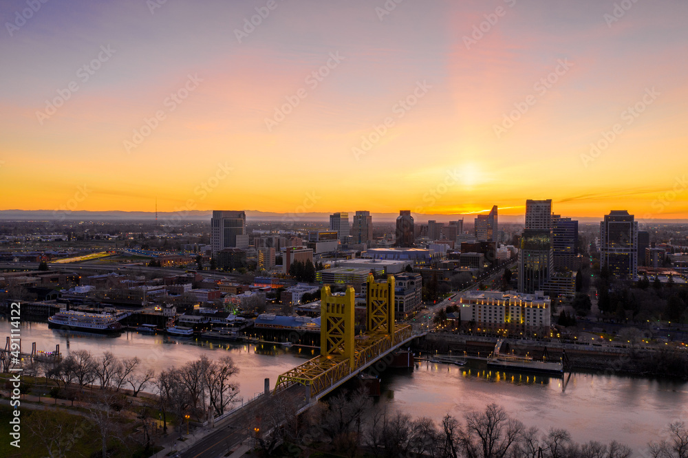 Sticker Aerial views of downtown Sacramento skyline and bridges.