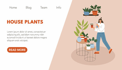 Website template with woman spraying house plant