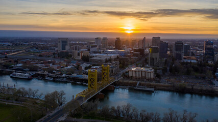 Aerial views of downtown Sacramento skyline and bridges.