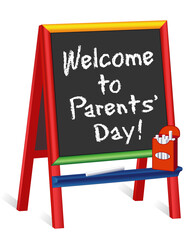 Welcome to Parents' Day sign, greeting on multi-color wood children’s easel, box of chalk, for preschool, daycare, nursery school, kindergarten, elementary school. 